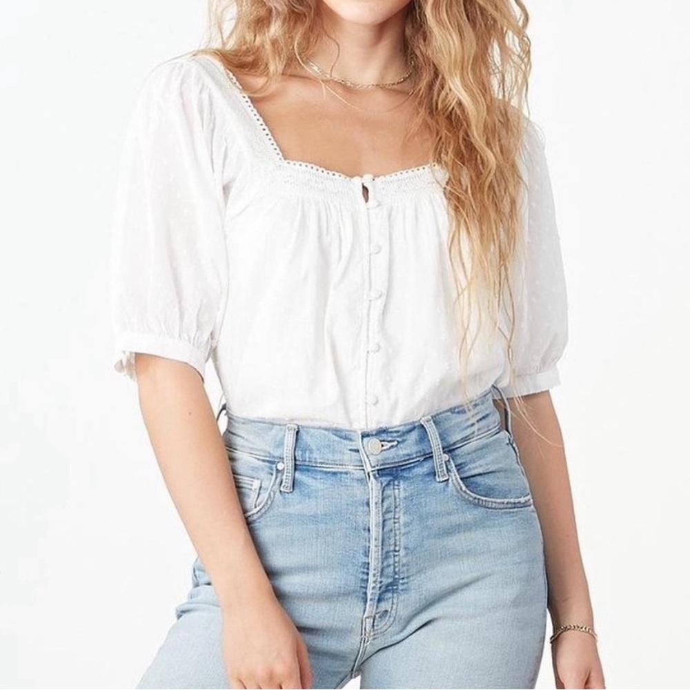 Cleobella White Puff Sleeve Square Neck Blouse